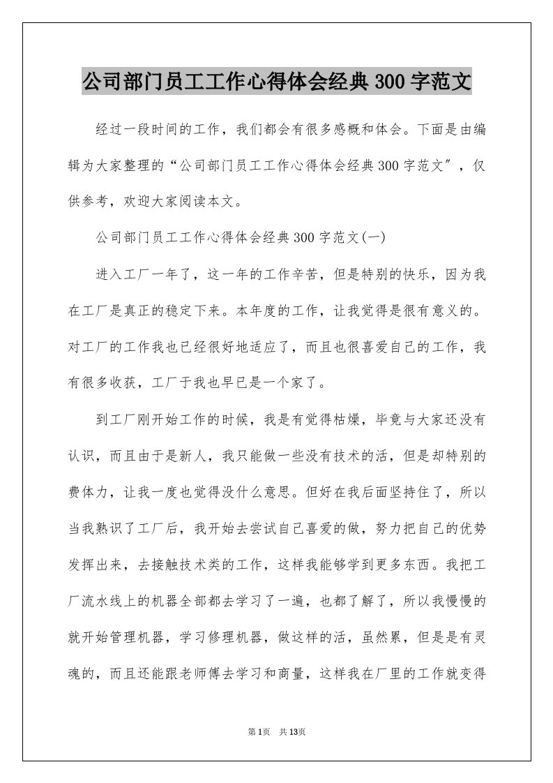 公司部门员工工作心得体会经典300字范文