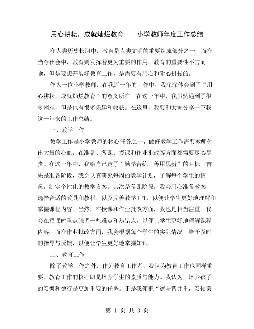 用心耕耘，成就灿烂教育——小学教师年度工作总结