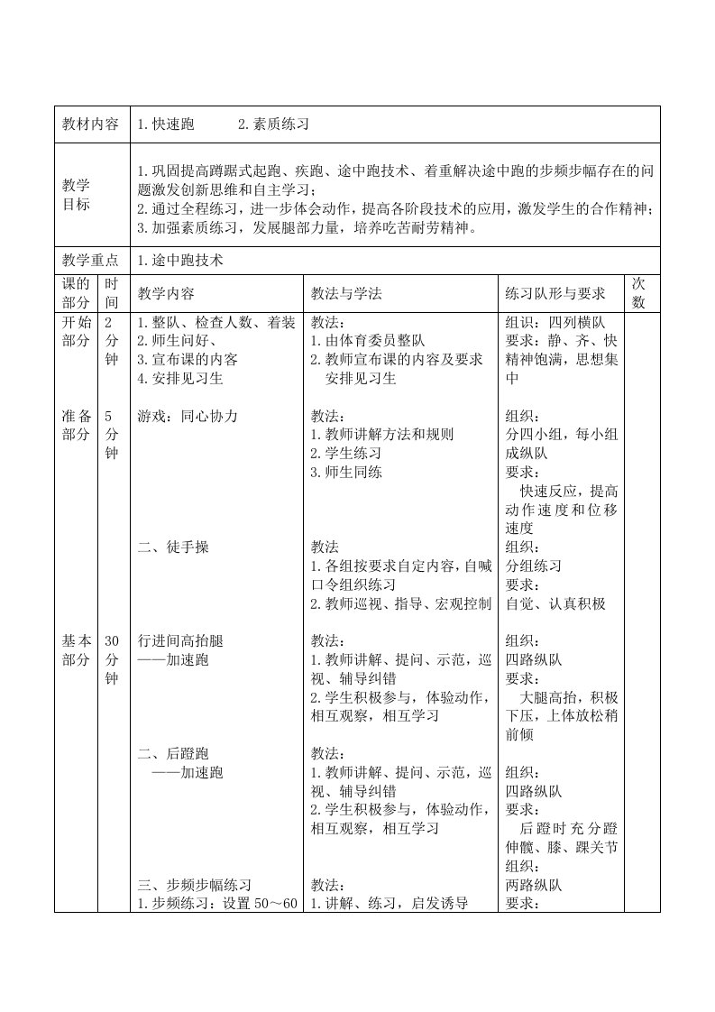 初中体育田径快速跑教案