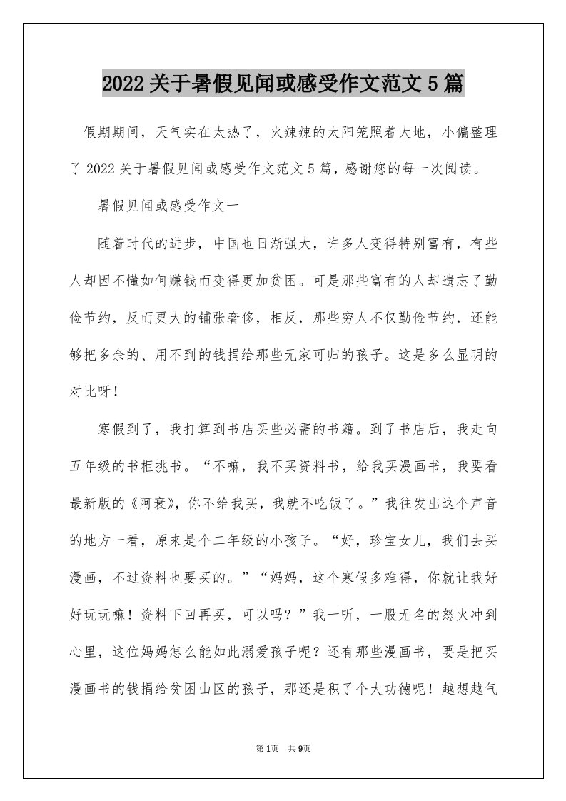 2022关于暑假见闻或感受作文范文5篇