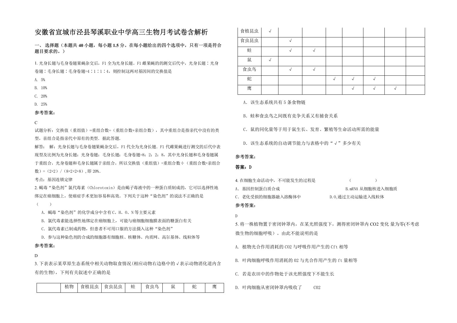 安徽省宣城市泾县琴溪职业中学高三生物月考试卷含解析