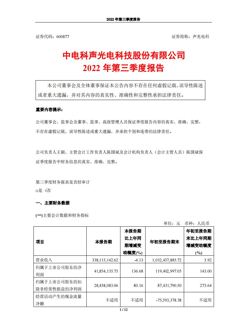 上交所-中电科声光电科技股份有限公司2022年第三季度报告-20221027