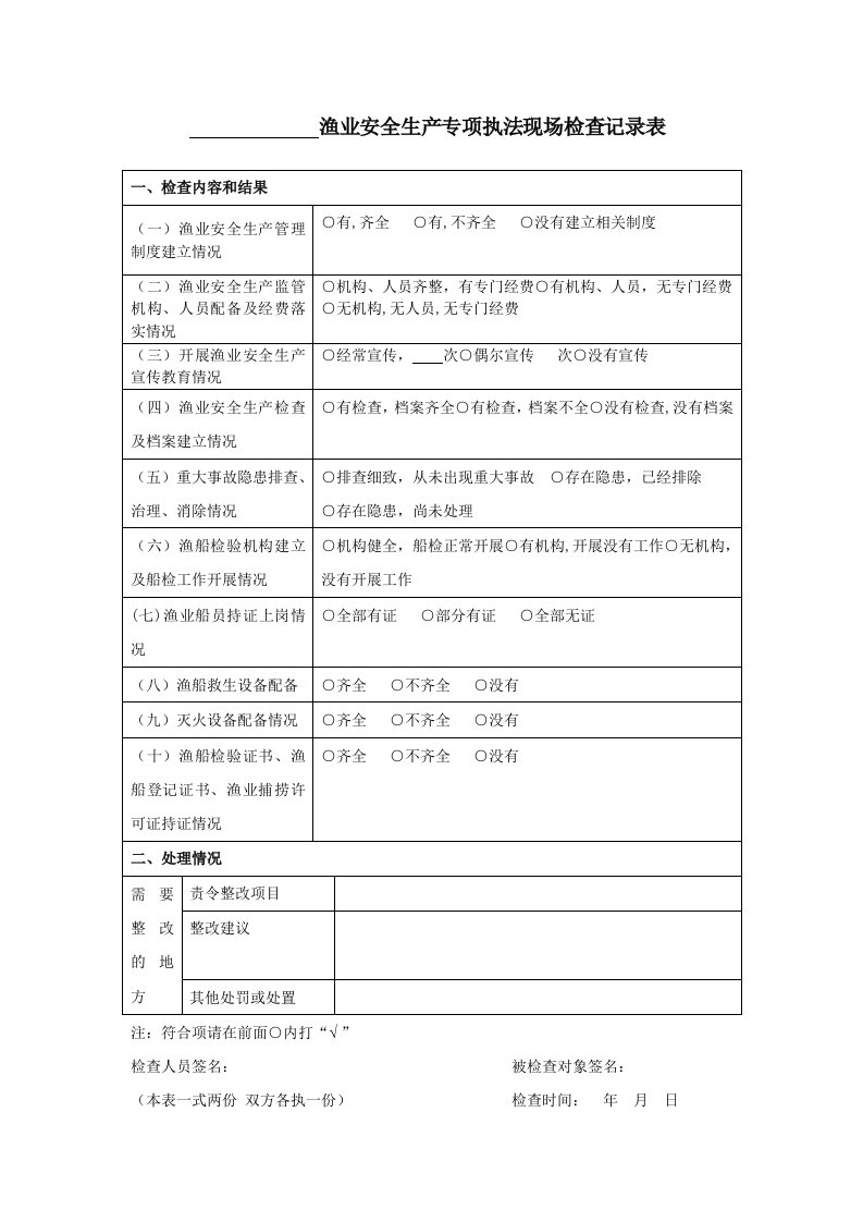 渔业安全生产专项执法现场检查记录表