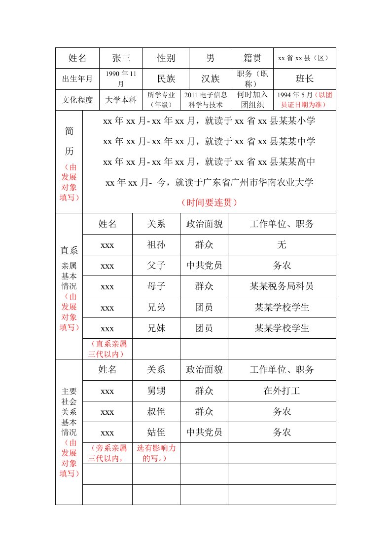 入党发展对象政审登记表(模板)