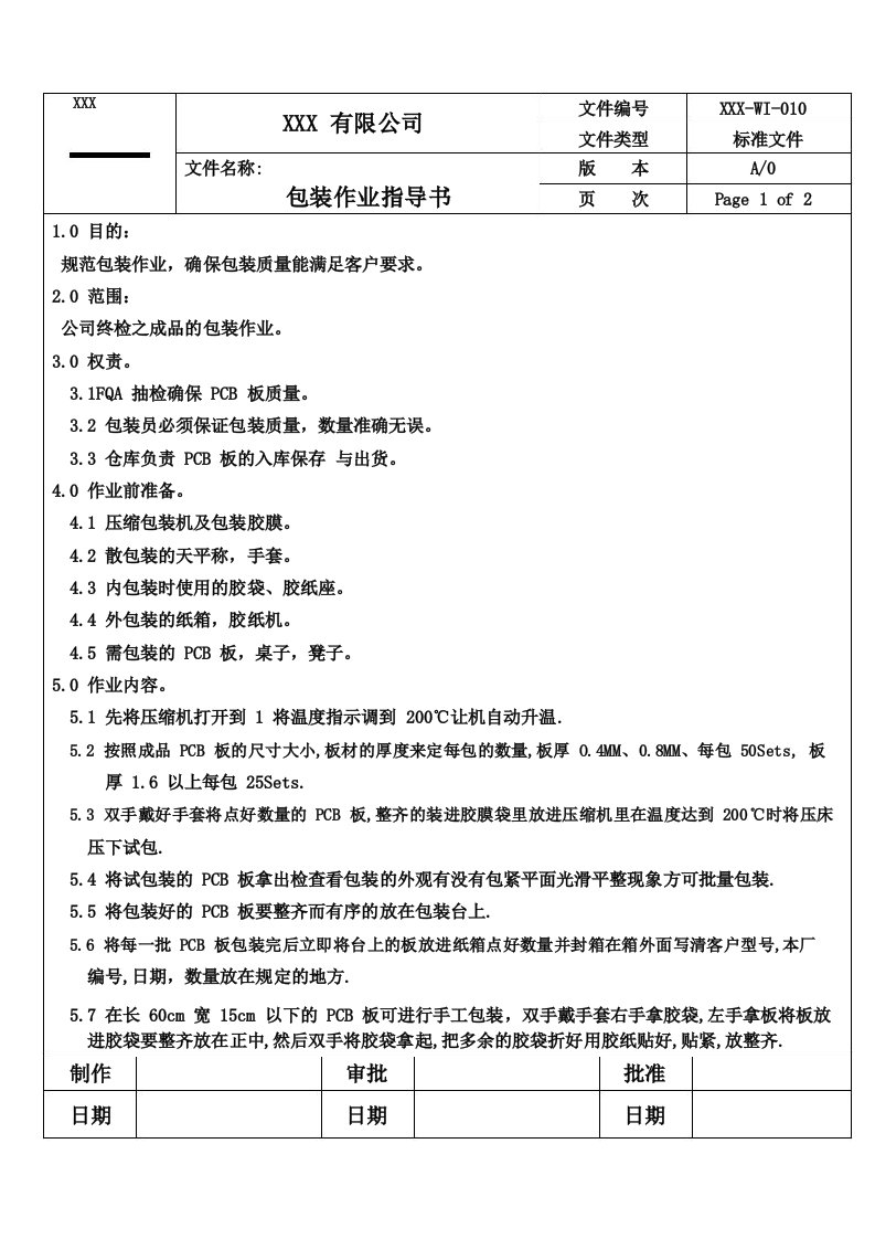 PCB电路板厂线路板包装作业指导书