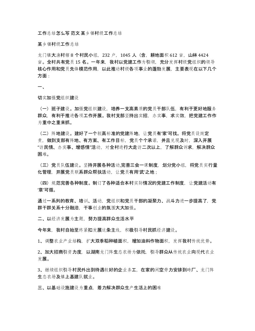 工作总结怎么写范文某乡镇村级工作总结