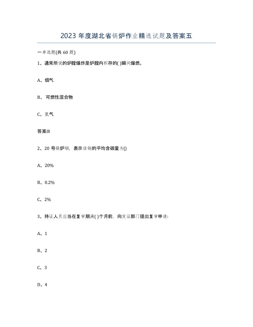 2023年度湖北省锅炉作业试题及答案五