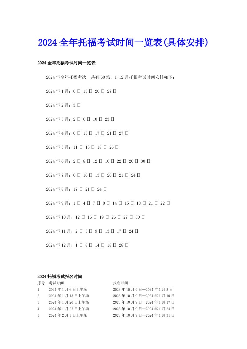 2024全年托福考试时间一览表(具体安排)