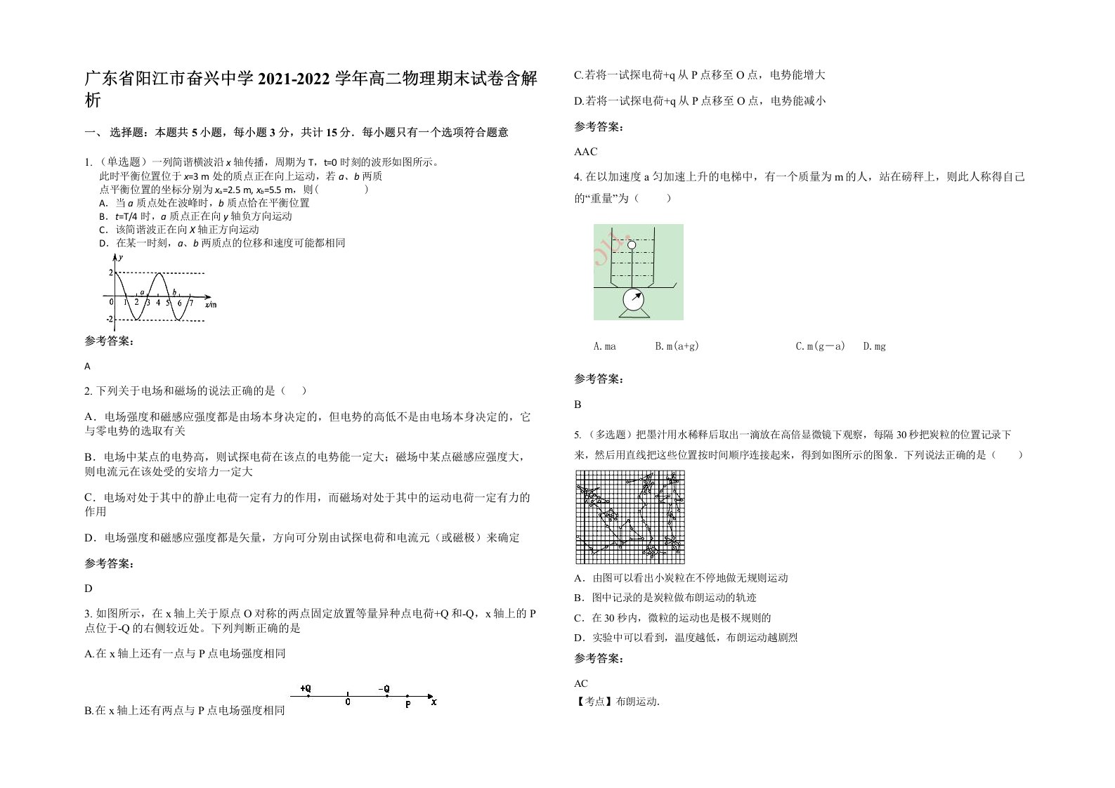 广东省阳江市奋兴中学2021-2022学年高二物理期末试卷含解析