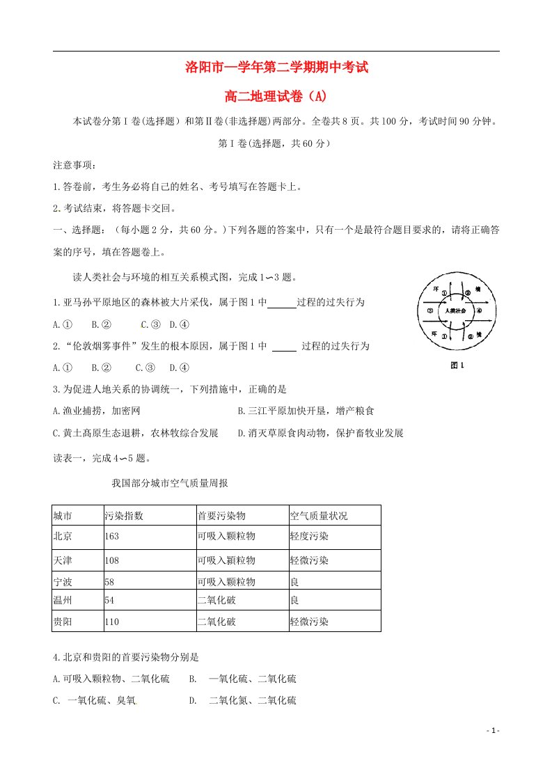 河南省洛阳市高二地理下学期期中试题