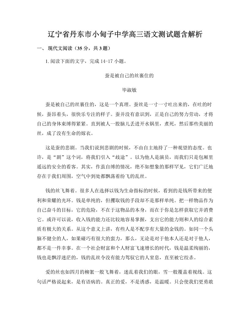 辽宁省丹东市小甸子中学高三语文测试题含解析