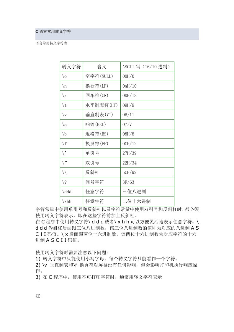 C语言常用转义字符