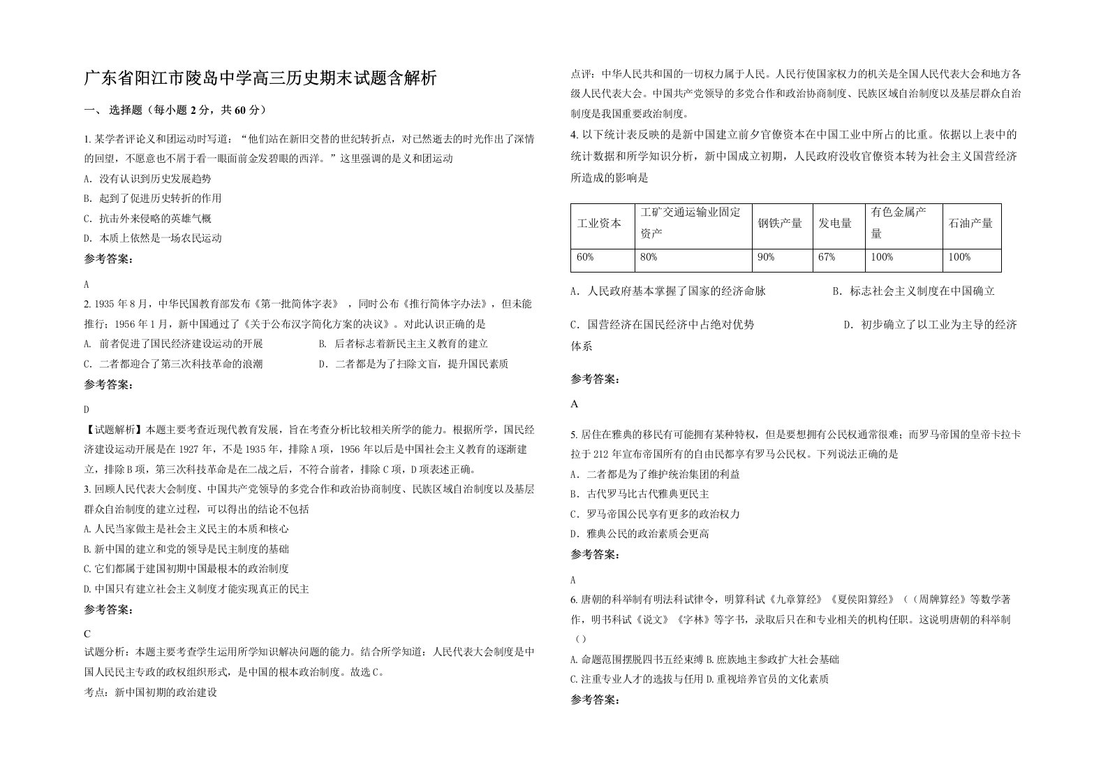 广东省阳江市陵岛中学高三历史期末试题含解析