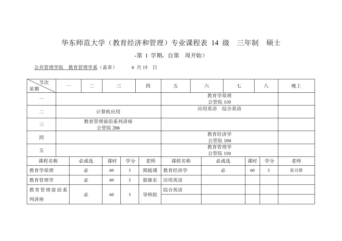 华东师范大学教育经济与管理专业课程表14级三研样稿