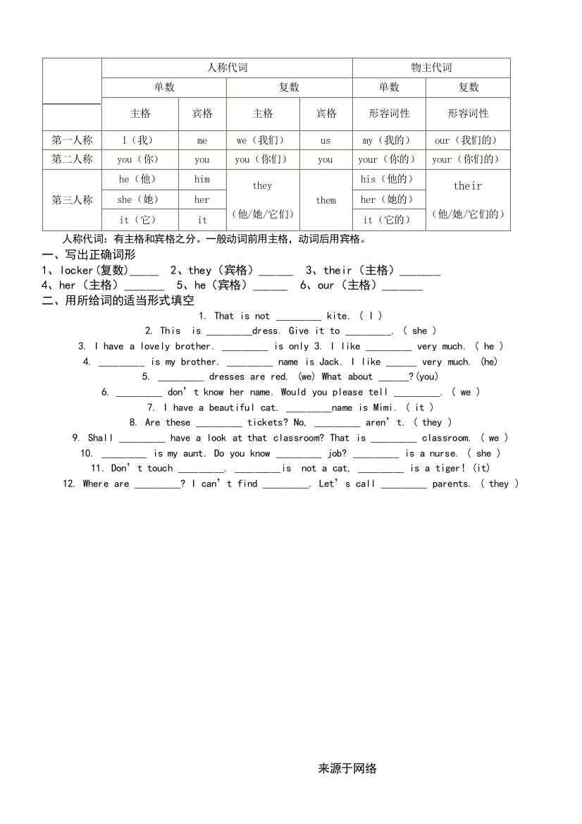 (完整word版)四年级人称代词练习