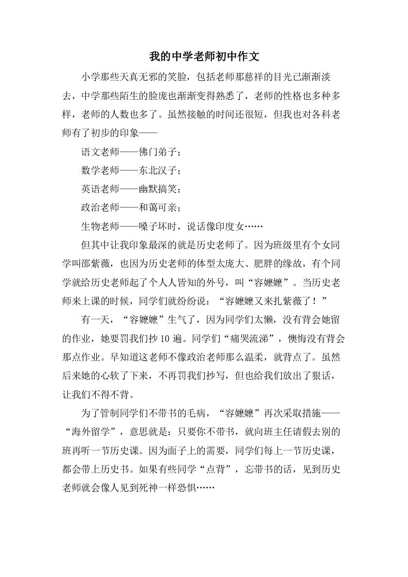 我的中学老师初中作文