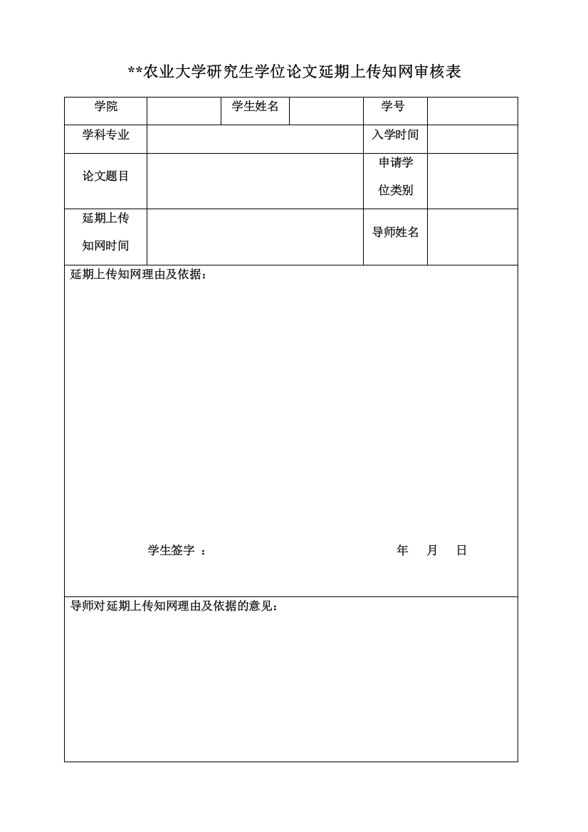 农业大学研究生学位论文延期上传知网审核表