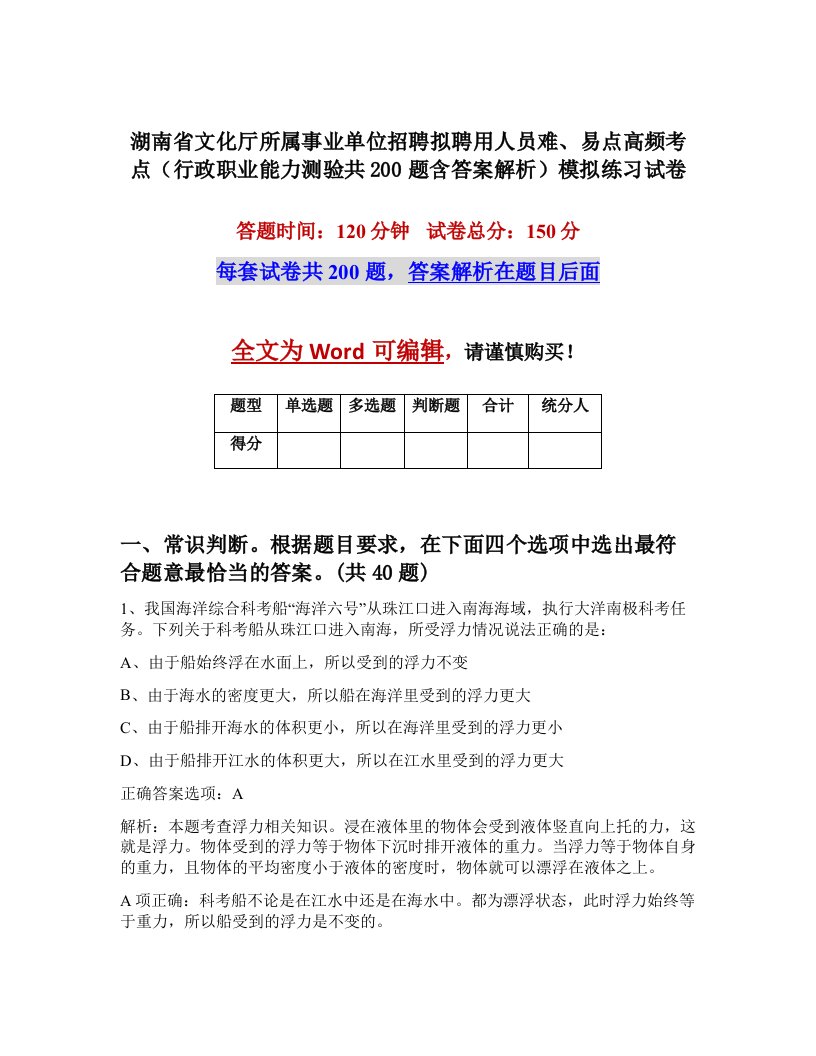 湖南省文化厅所属事业单位招聘拟聘用人员难易点高频考点行政职业能力测验共200题含答案解析模拟练习试卷