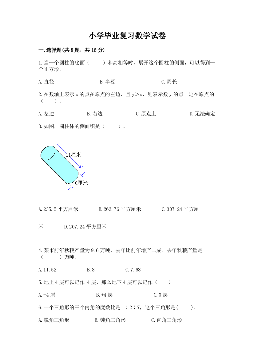 小学毕业复习数学试卷【培优b卷】