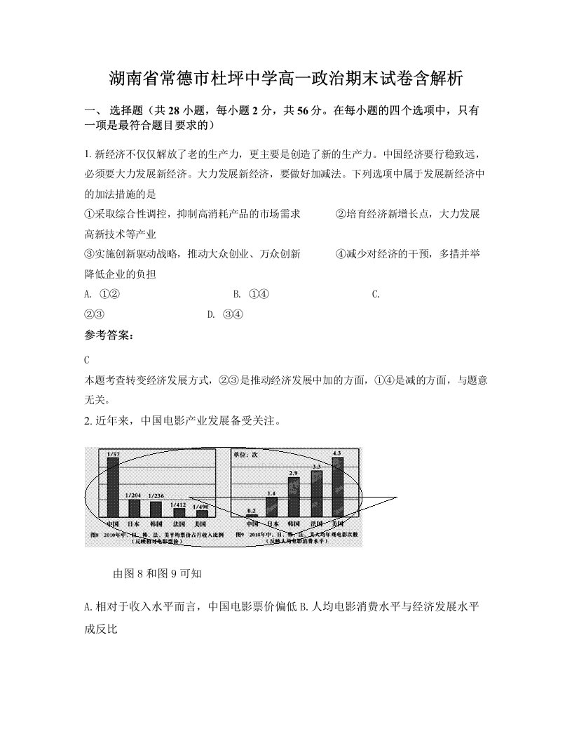 湖南省常德市杜坪中学高一政治期末试卷含解析