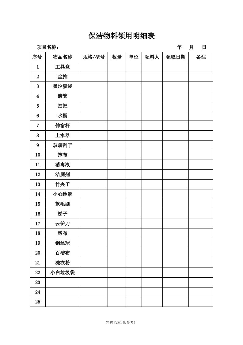 保洁物料领用明细表