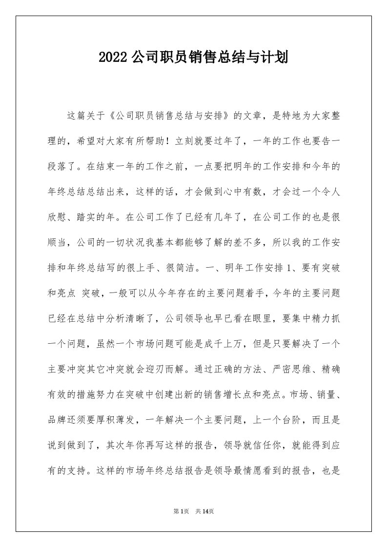 2022公司职员销售总结与计划