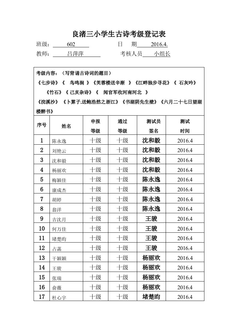 古诗考级登记表