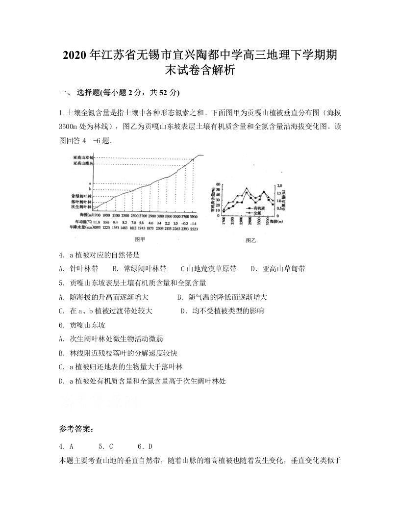 2020年江苏省无锡市宜兴陶都中学高三地理下学期期末试卷含解析