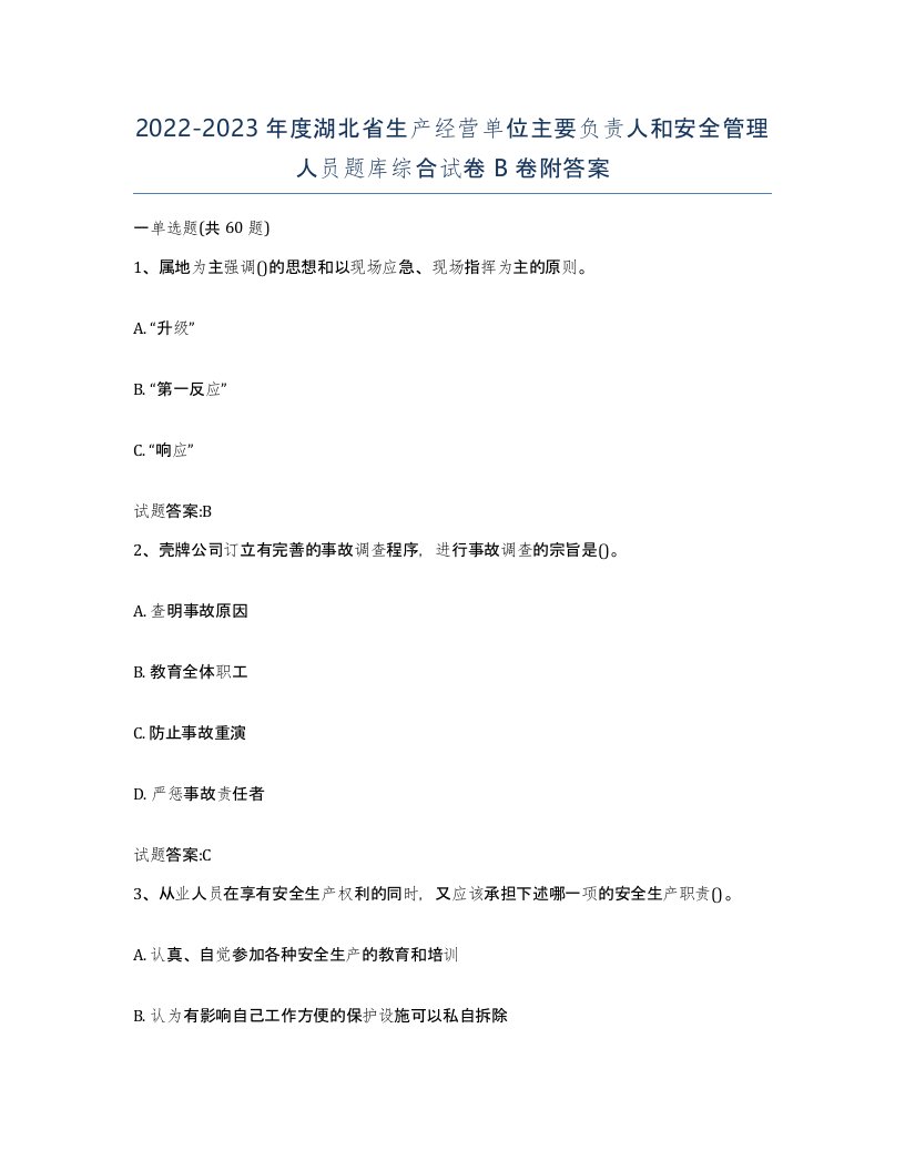 20222023年度湖北省生产经营单位主要负责人和安全管理人员题库综合试卷B卷附答案