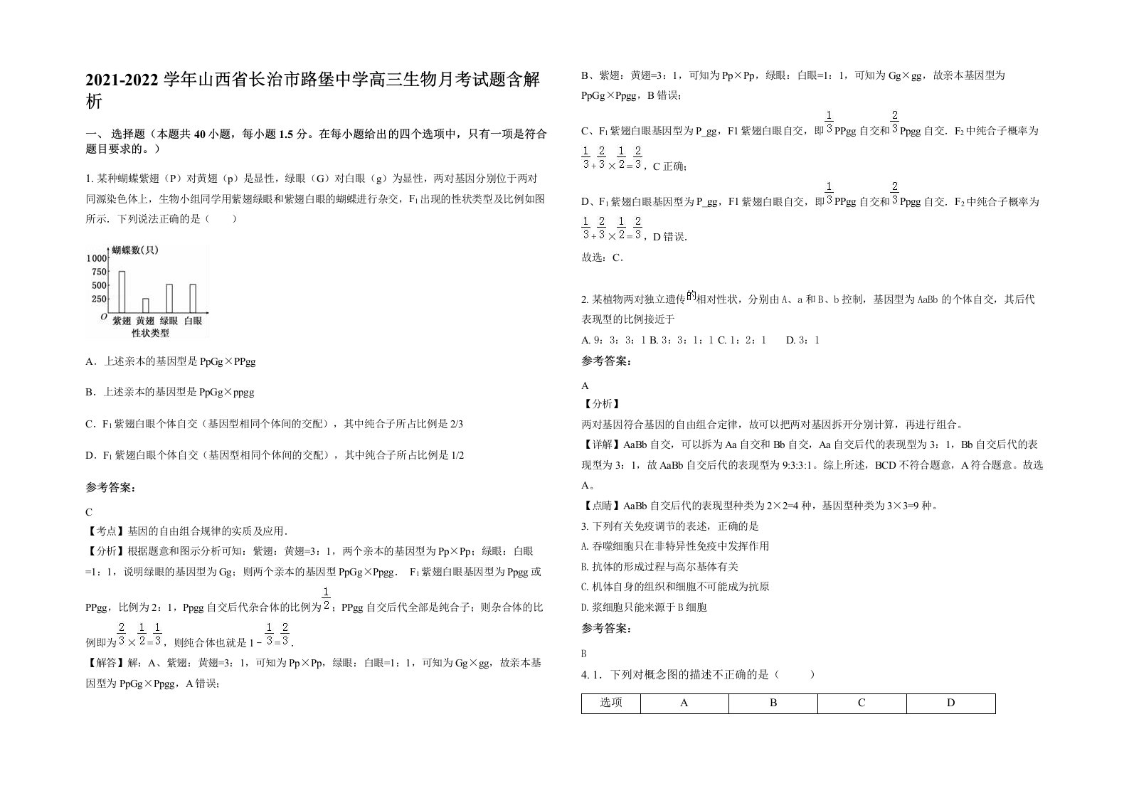 2021-2022学年山西省长治市路堡中学高三生物月考试题含解析