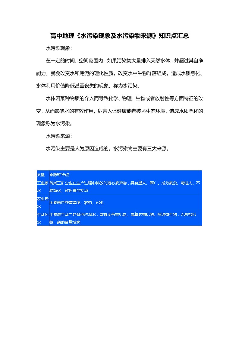 高中地理水污染现象及水污染物来源知识点汇总