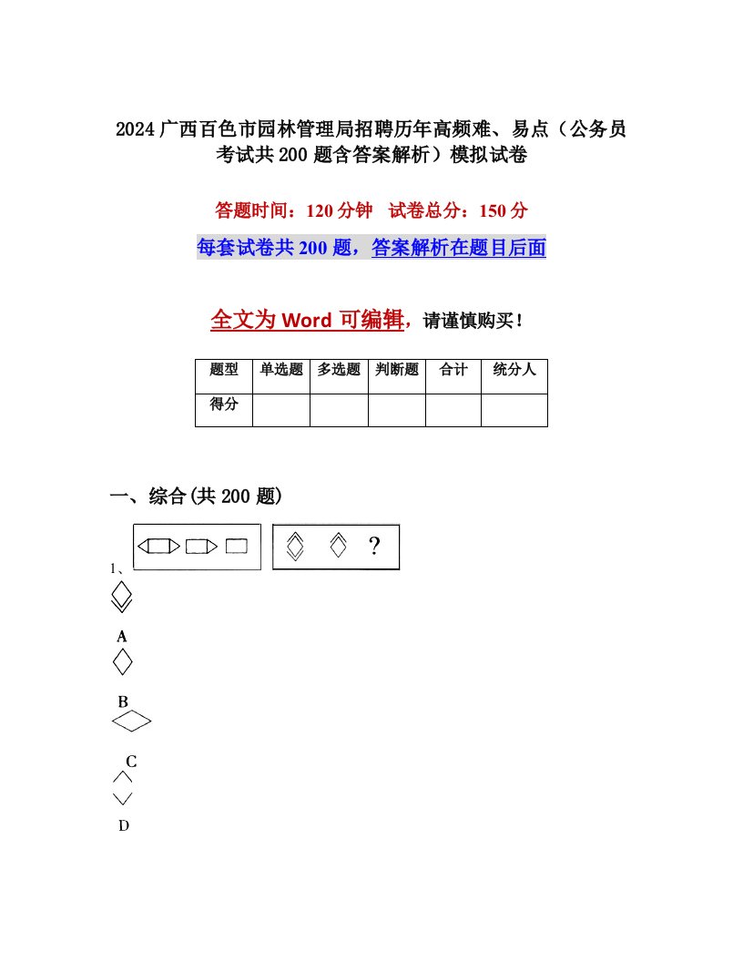 2024广西百色市园林管理局招聘历年高频难、易点（公务员考试共200题含答案解析）模拟试卷