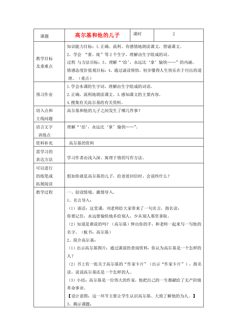 春二年级语文下册《高尔基和他的儿子》教案