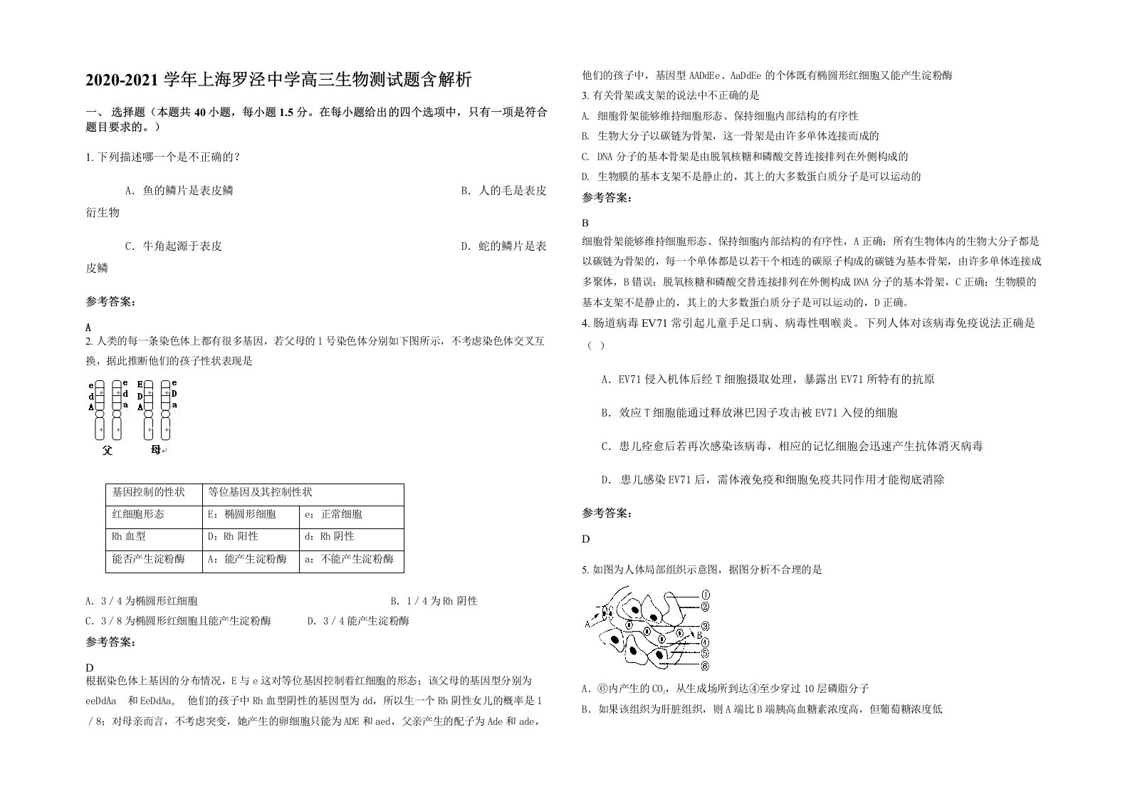 2020-2021学年上海罗泾中学高三生物测试题含解析