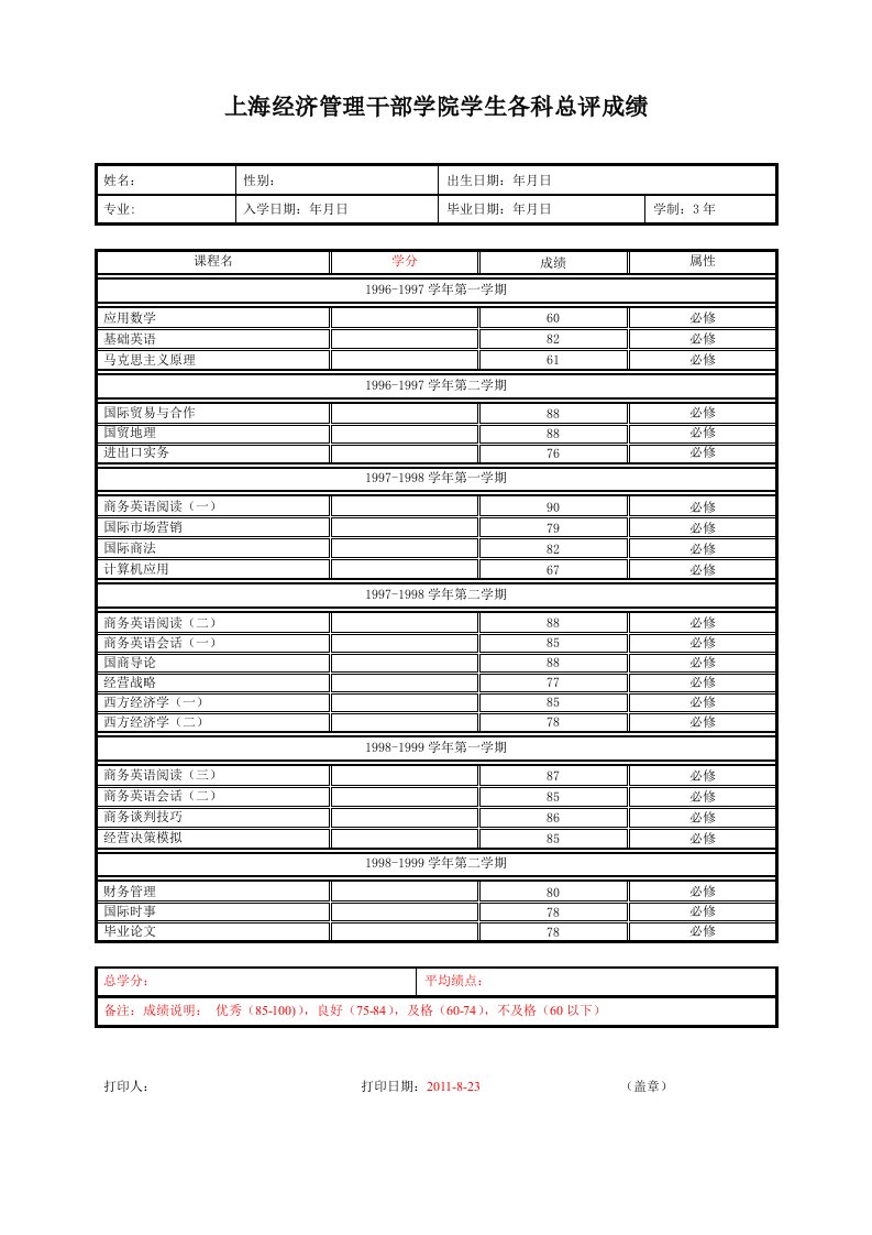 中英文成绩单