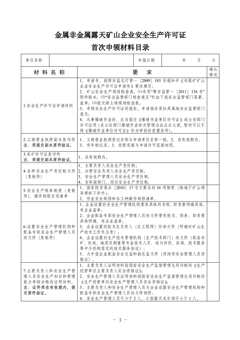 金属非金属露天矿山企业安全生产许可证