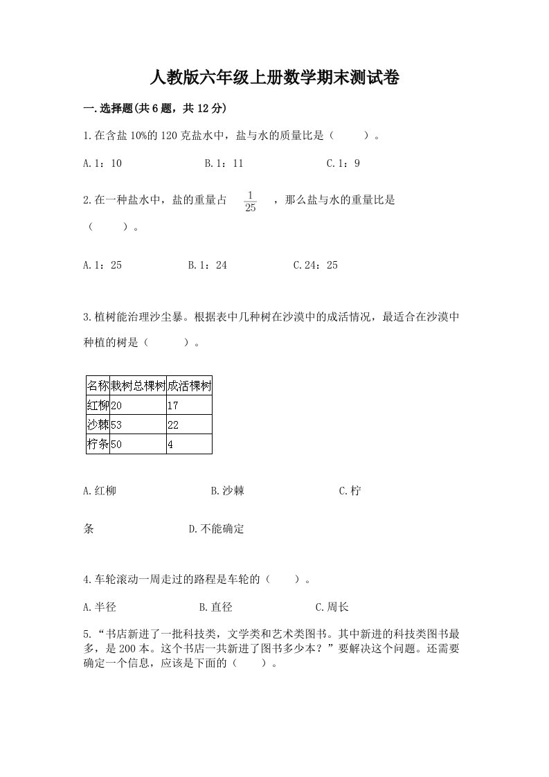 人教版六年级上册数学期末测试卷（各地真题）