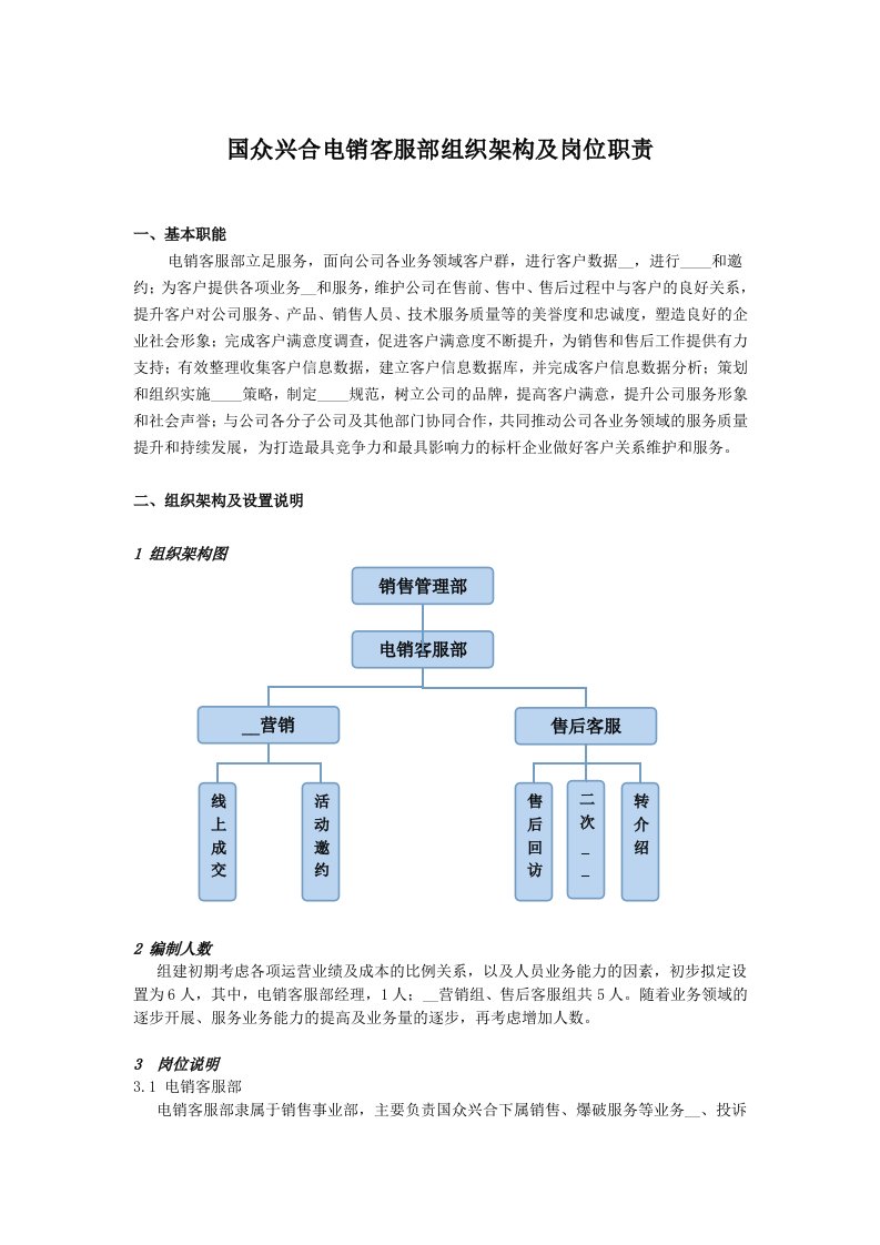 电销客服部组织架构及岗位职责