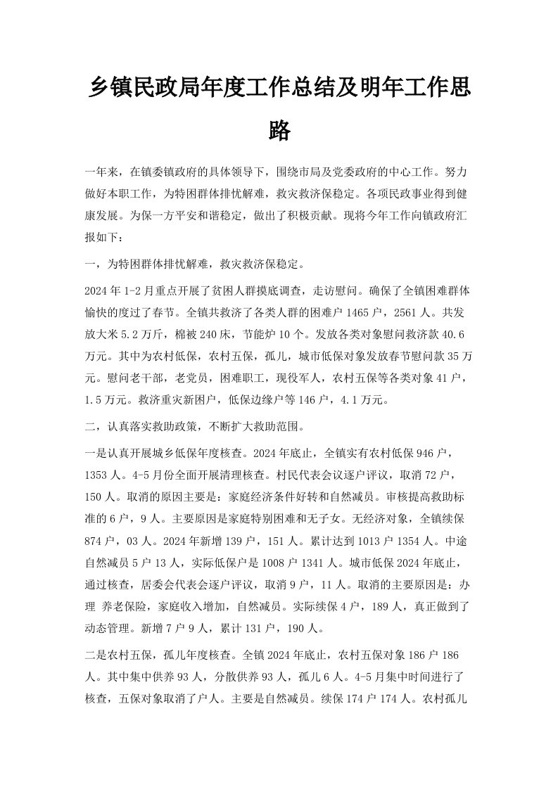 乡镇民政局年度工作总结及明年工作思路