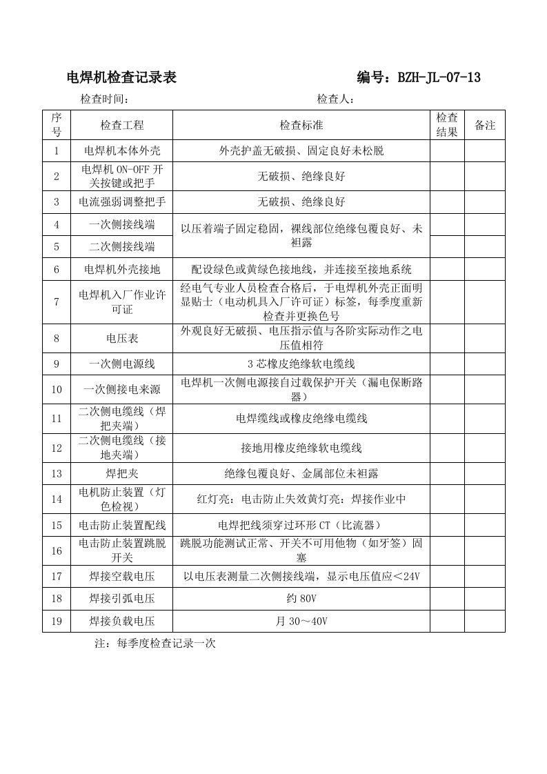 电焊机检查记录表