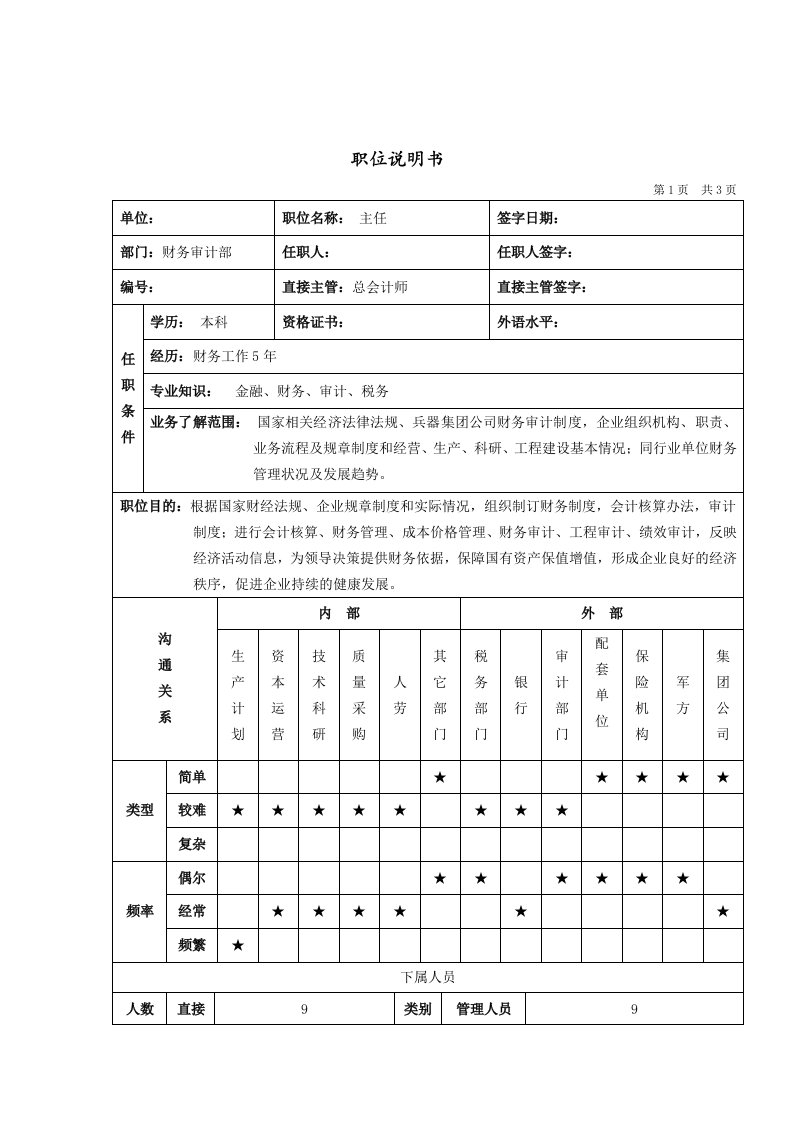 财务审计部主任职位说明书