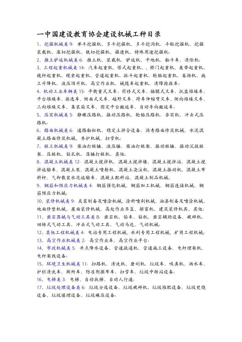 一中国建设教育协会建设机械工种目录