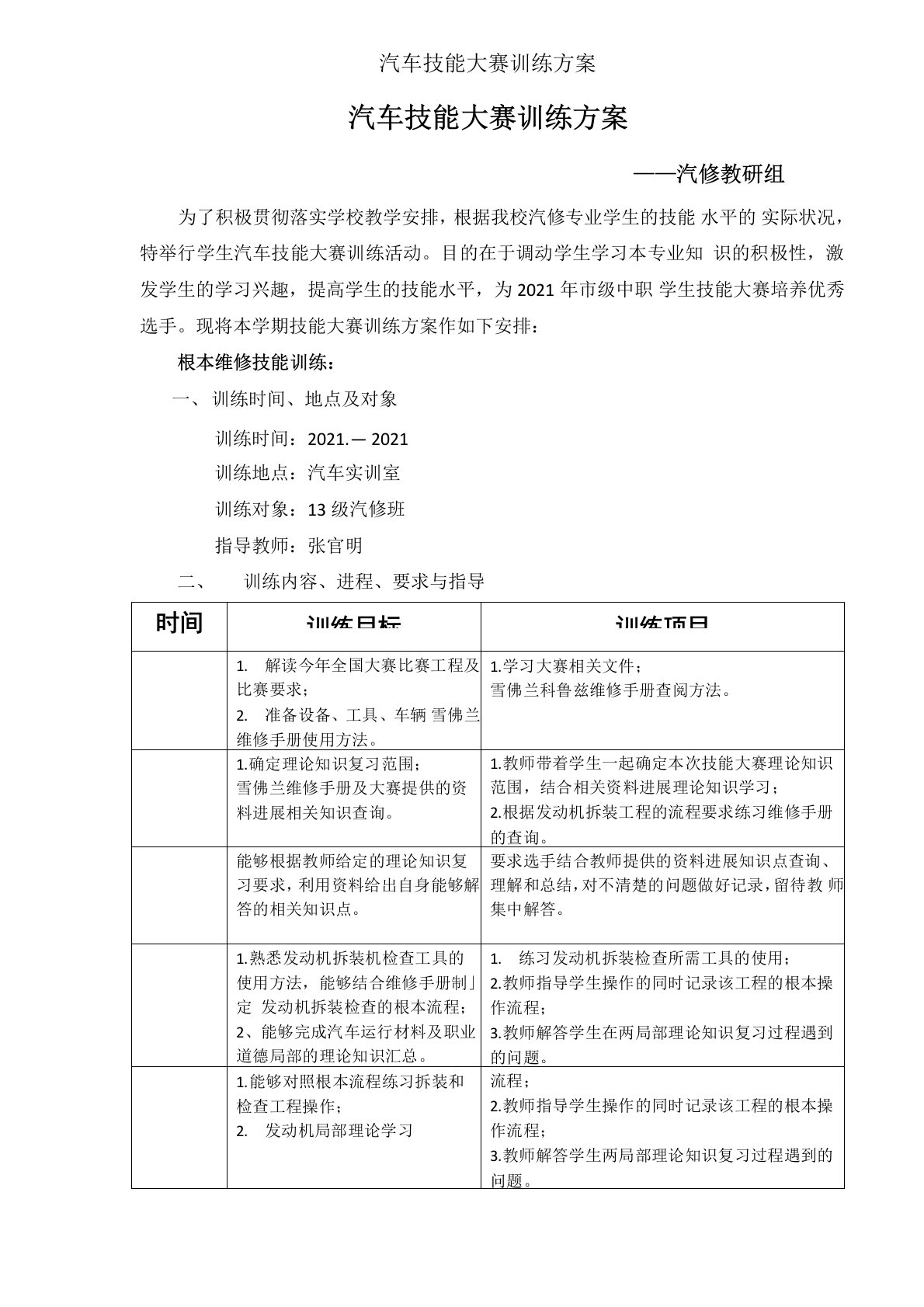 汽车技能大赛训练计划