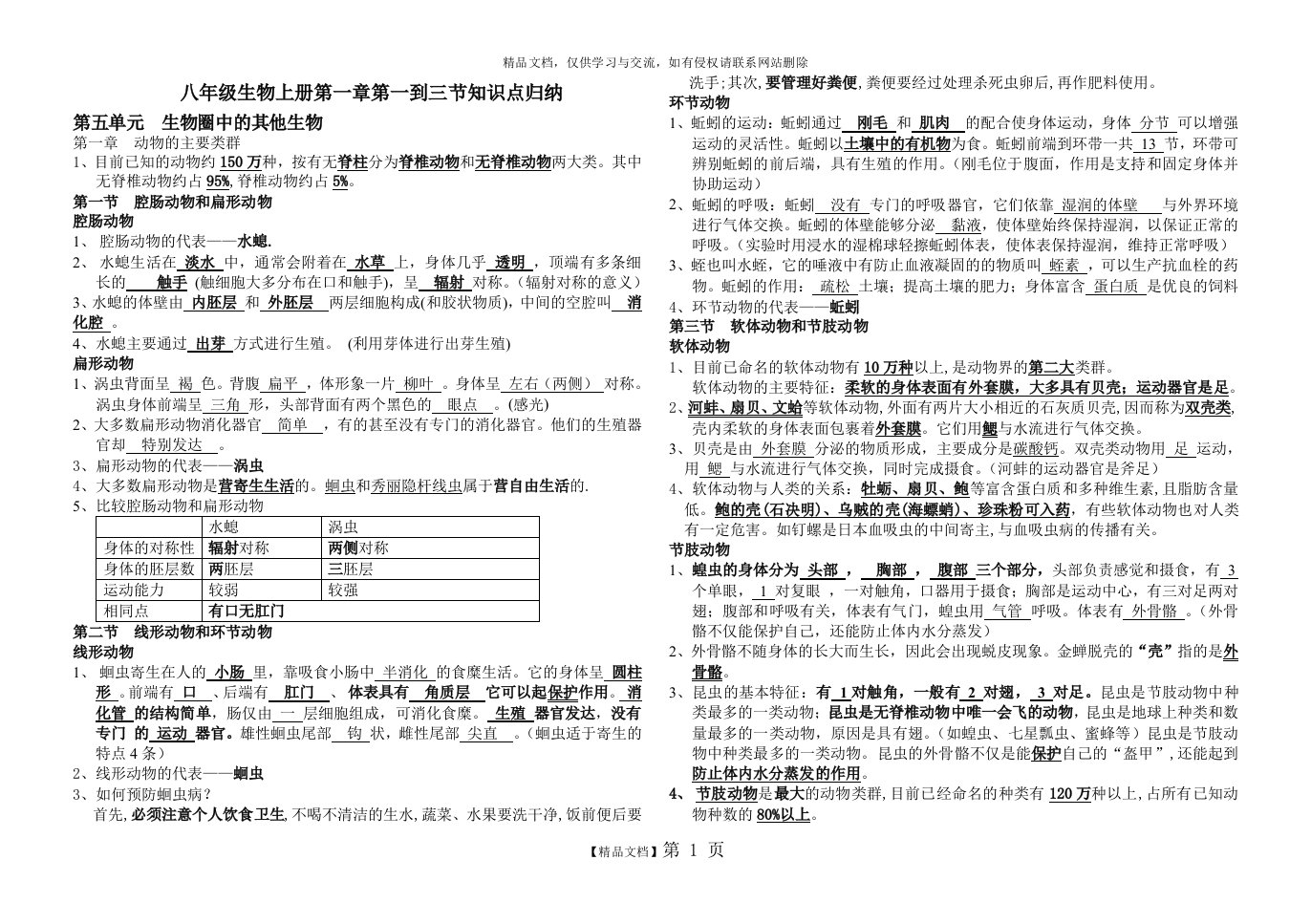 人教版八年级上册生物第一章(1-3节)知识点