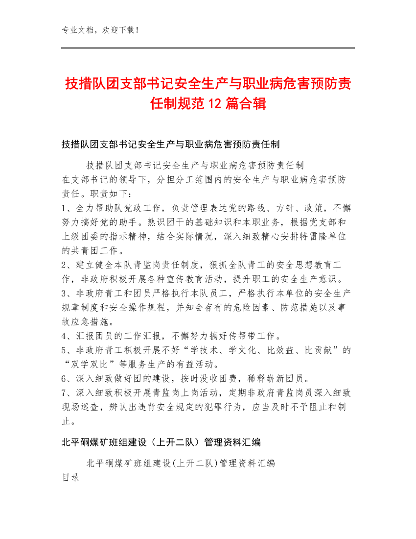 技措队团支部书记安全生产与职业病危害预防责任制规范12篇合辑