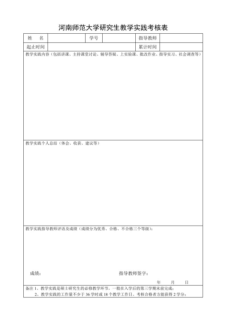 河南师范大学研究生教学实践考核表