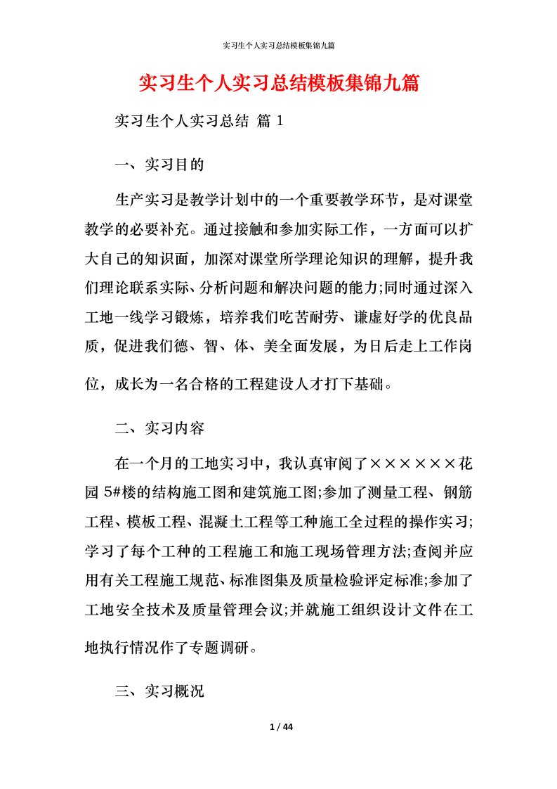 精编实习生个人实习总结模板集锦九篇