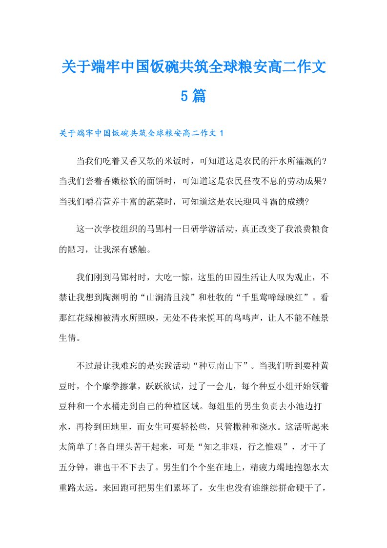 关于端牢中国饭碗共筑全球粮安高二作文5篇