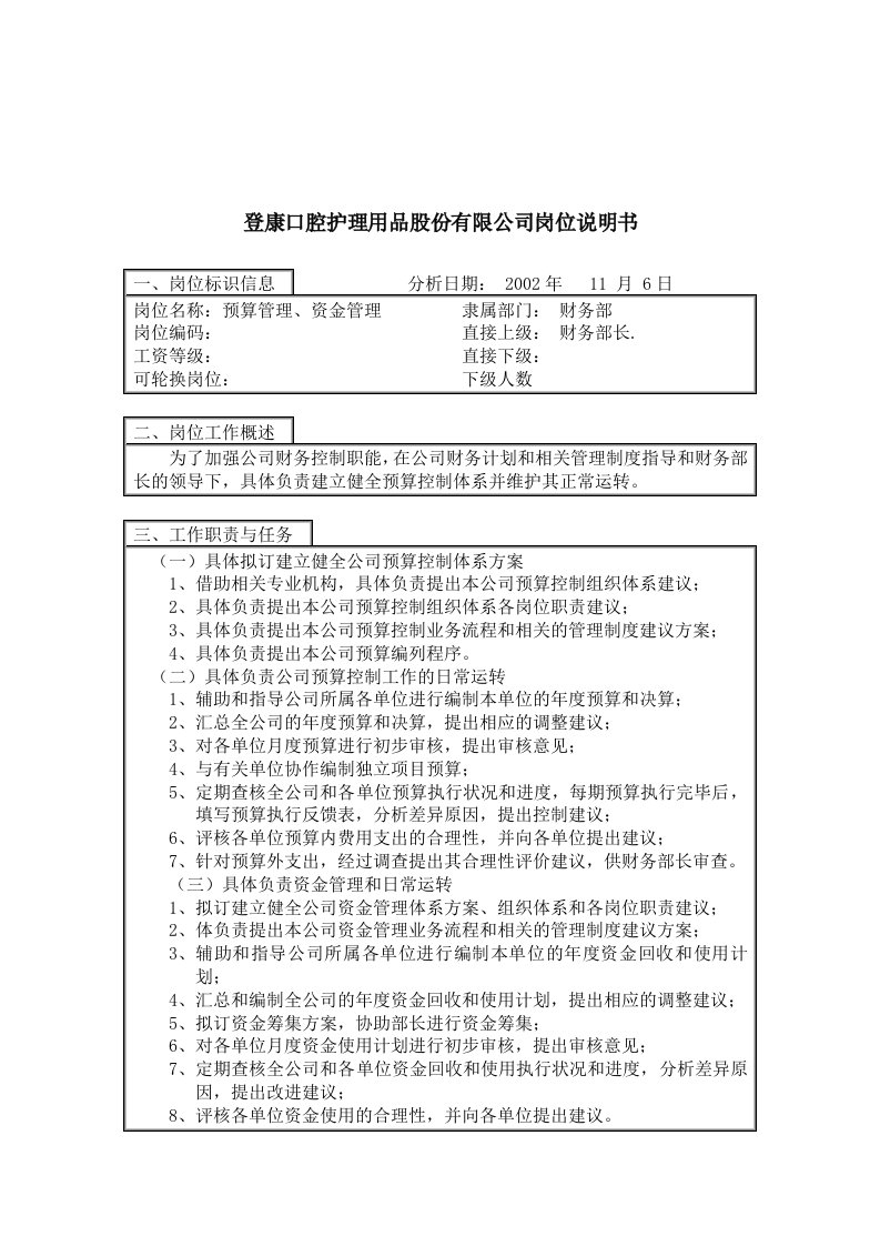 登康口腔护理用品股份有限公司预算管理岗位说明书