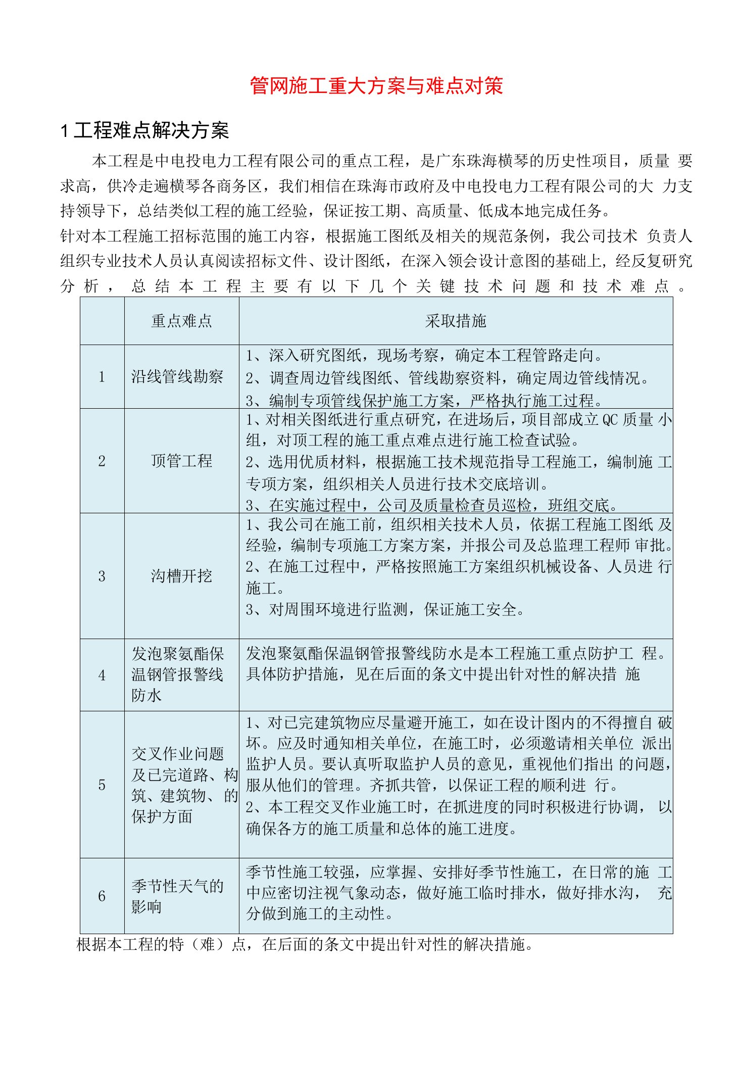 管网施工重大方案与难点对策